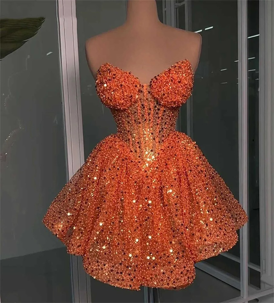Stylish Cocktail Dresses Pearls Sequins Mini Short A Line Evening Prom Gowns Strapless Princess Custom Made Sleeveless Graduation Ball Club Party Dres