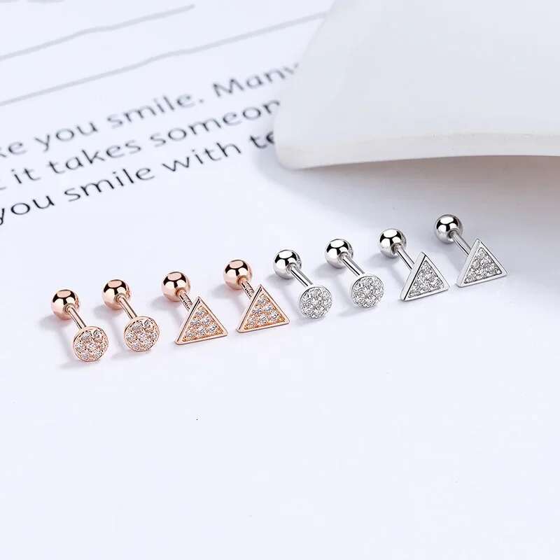 Truavis Real Sterg Sier Triangle Round CZ Screw Stud Earrings For Women Children Girls Minimalist Jewelry DA2445