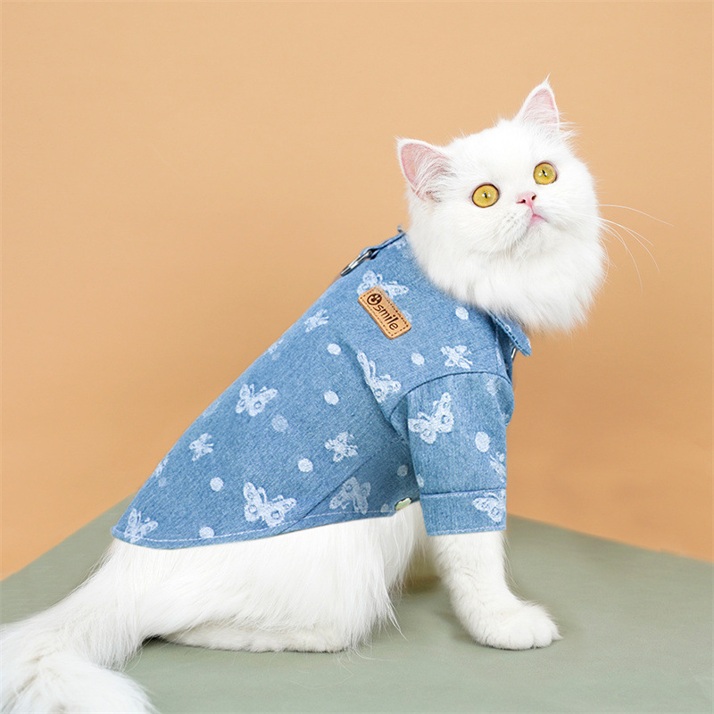 Dog Jean Jacket, Blue Denim Lapel Vest Coat T-Shirt Costume Fashionable and Handsome Girl Boy kitten Dogs Puppy Clothes for Small Medium Dogs Cats 3XL