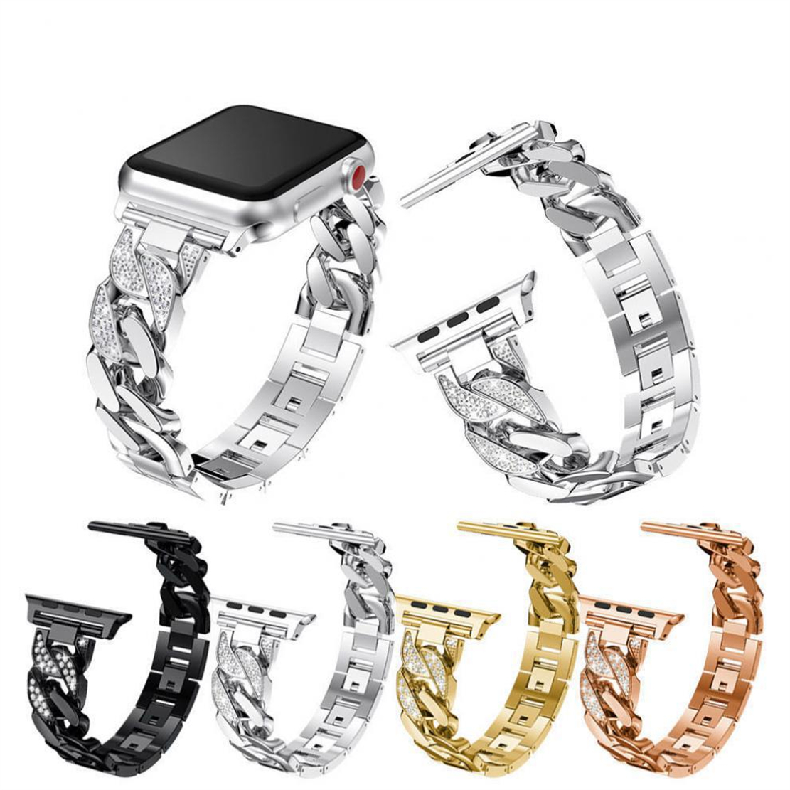 Luxury Diamond Single Chain Metal Bands Sport Wristband Strap LinK Bracelet Band for Apple Watch 42/44/45/46mm 49mm Ultra Straps iWatch Series 10 9 8 7 6 5 4