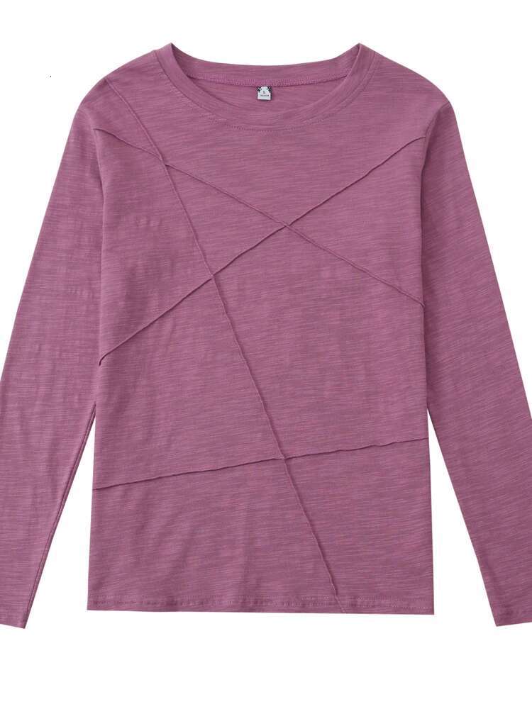 Ribbed Sping Fashion Bamboo Cotton T-Shirt Autumn Women O-Neck Loose Simple Purple Tshirt Long Sleeve Ladies Green Cozy Top