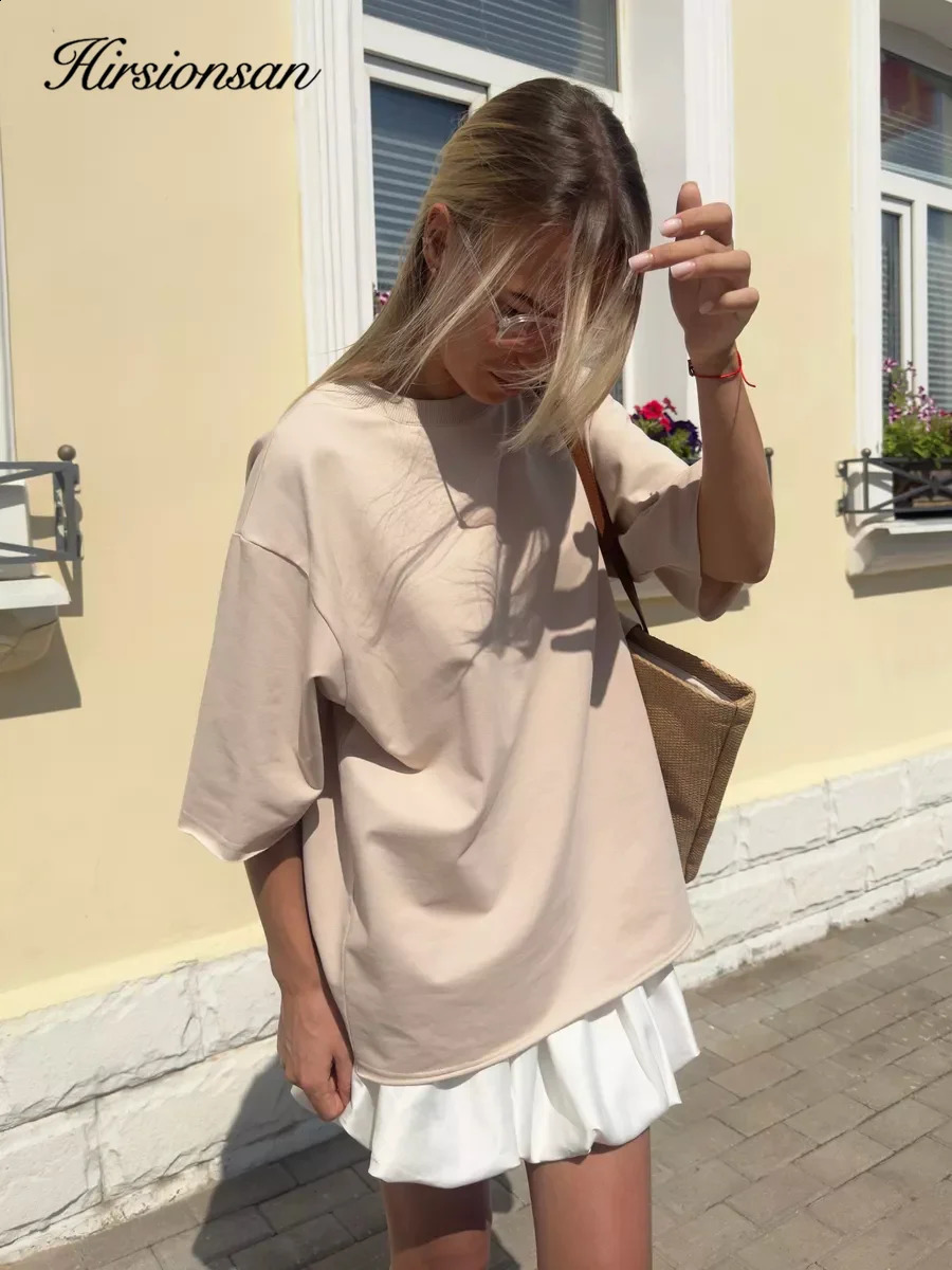 Hirsionsan Summer Casual Oversized T-shirts Women 100% Cotton Pink Loose Tees Cusual Solid O Neck Female Aesthetic Tops 250225