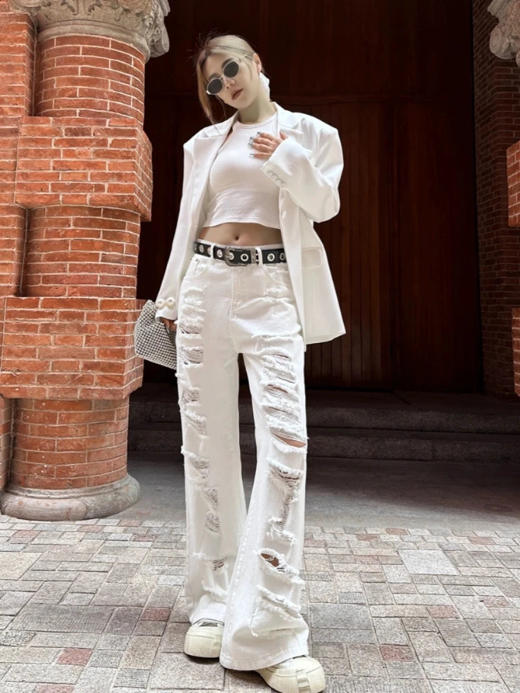 ADAgirl White Ripped Baggy Jeans Women Hole Wide Leg Straight Denim Pants Hip Hop Summer Slouchy Trousers Loose Causal Korean 250225