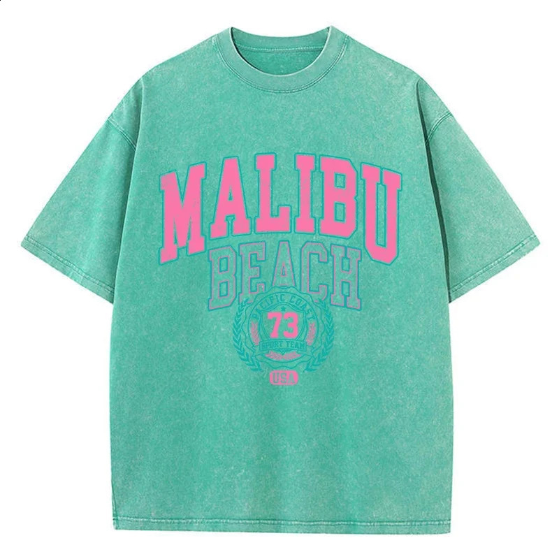 Malibu Beach Washed T-Shirt Women Letter Printing Cotton T Shirt Comfortable Crewneck Tops Casual Oversized Tees Female Clothes 250225