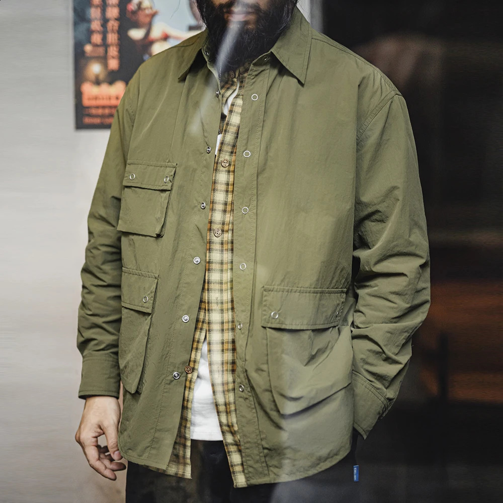 Maden Vintage Wrinkle Outdoor Shirt Casual Loose Green MultiPocket LongSleeve for Mens Spring and Fall Versatile Blouse 250226