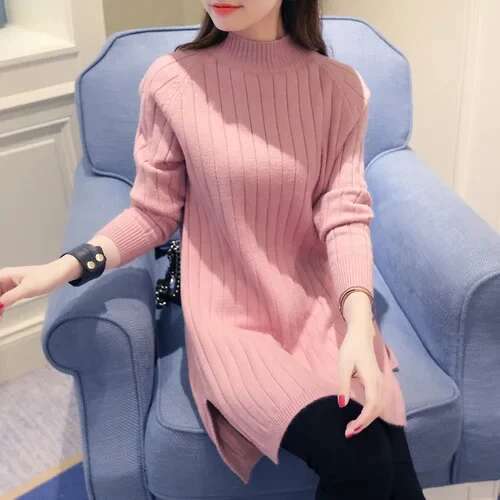 2020 Autumn/Winter New Korean Style Women's Knitted Top Jacket Medium-Length Dress Loose-Fit Pullover Sweater Crew Neck Design