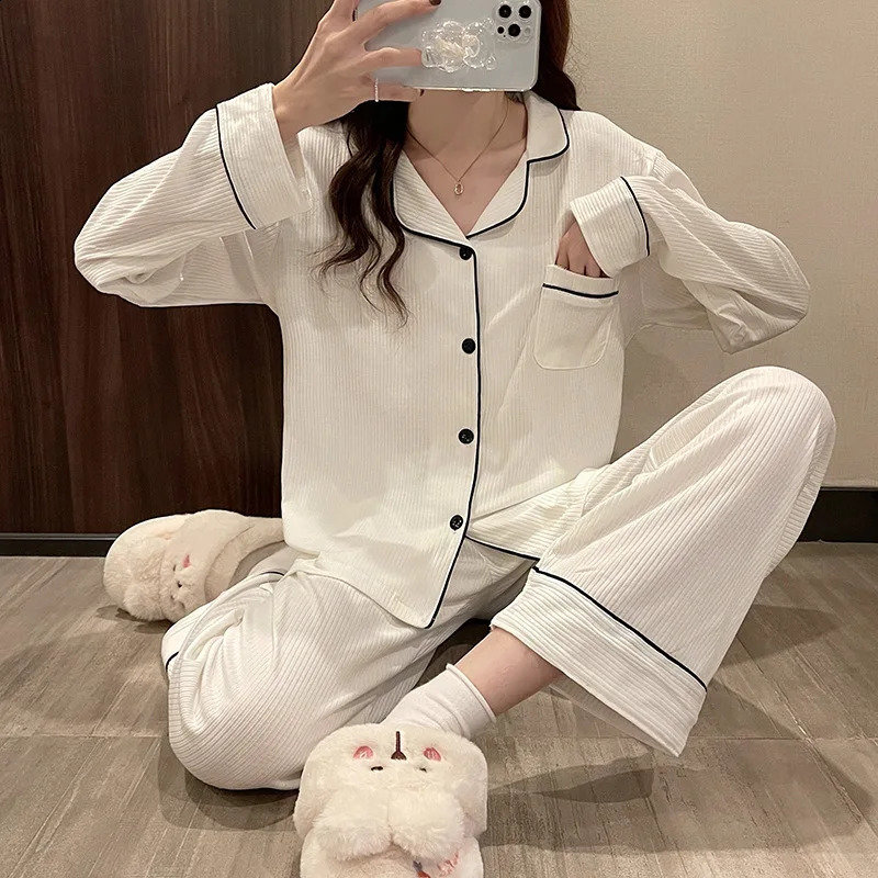 Casual Sleepwear Pyjamas Women Black White Spring Autumn Winter Home Clothes Long Sleeve Female Nightwear Pajamas Set M-3XL 250226bj