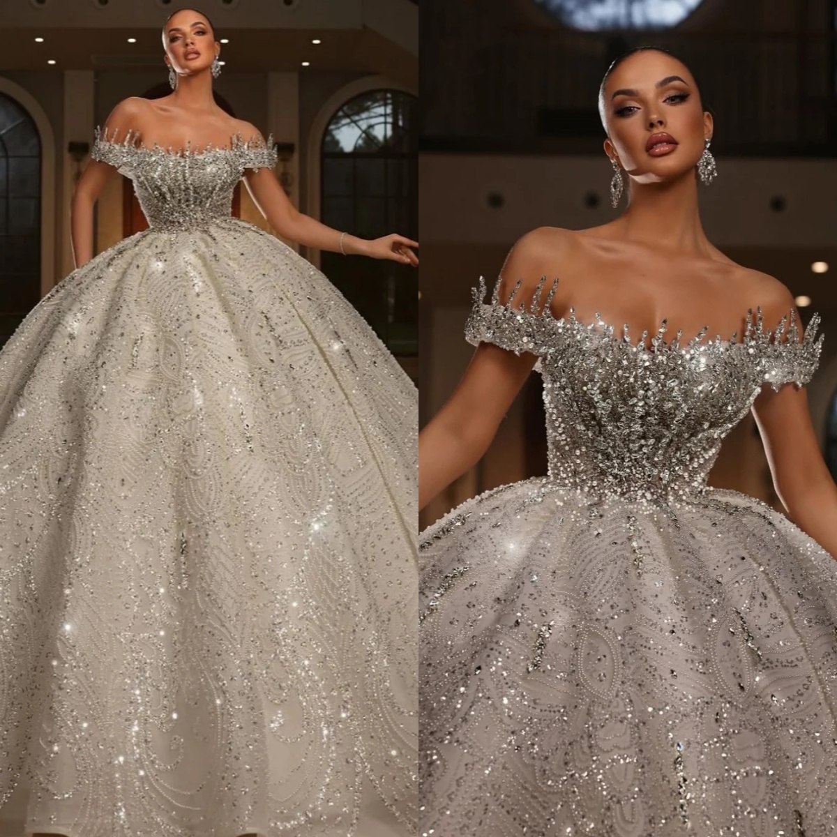 Luxury Off Shoulder Wedding Dress Crystal Bridal Ball Gowns Beading Custom Made Rhinestone Sequins Princess Bride Dresses Vestido De Novia Plus Size