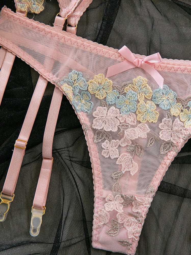 Sexy New Industrial Embroidered Lace Underwear Perspective Bra Waist garter Belt Underwear 3-Piece SetXJ250301