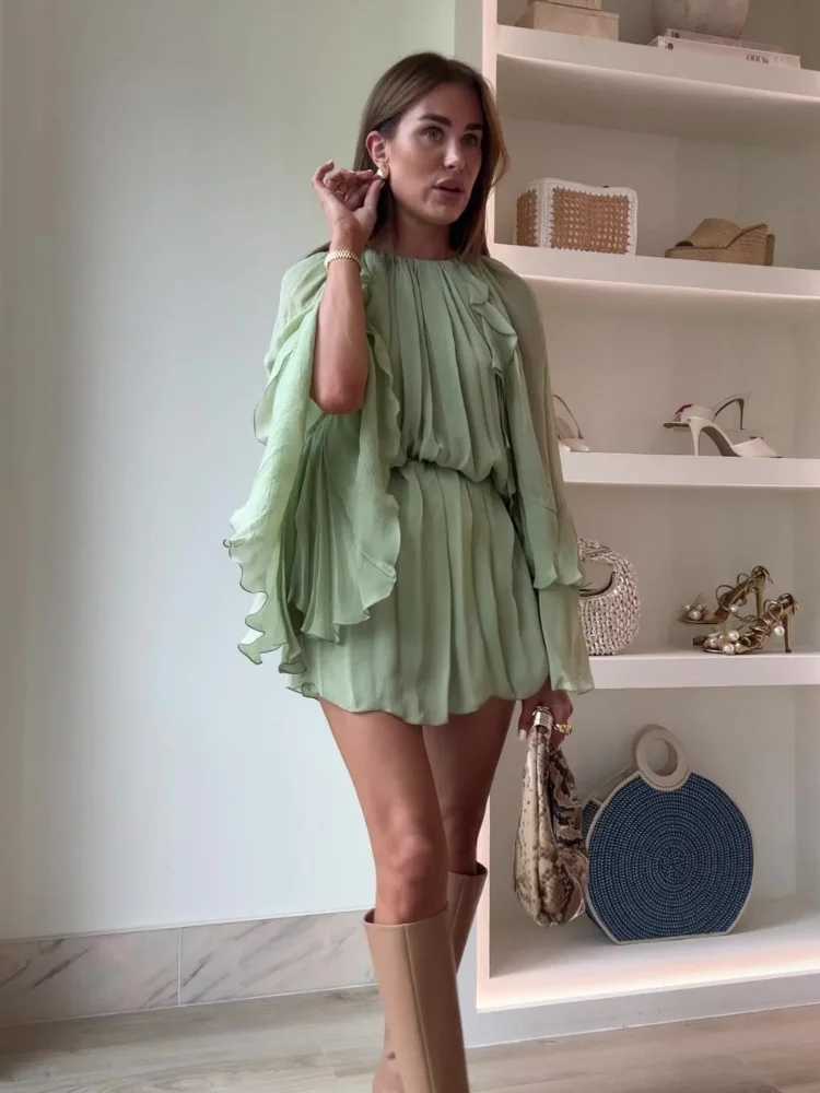 Basic Casual Dresses Womens Fashion Green Ruffle Hem Mini Dress Elegant Round Neck Long Flare Sleeve Party Dresses Summer New Lady Vacation Veatidos J