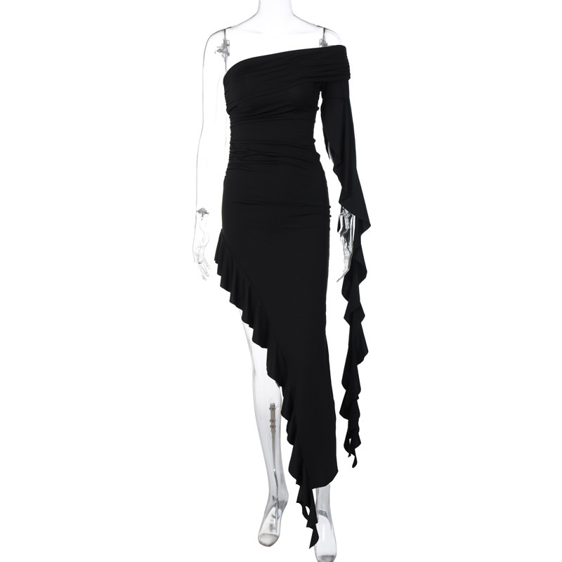 Women's New Summer New Fashion Personalized One Shoulder Pleated Solid Color Slim Fit Dress