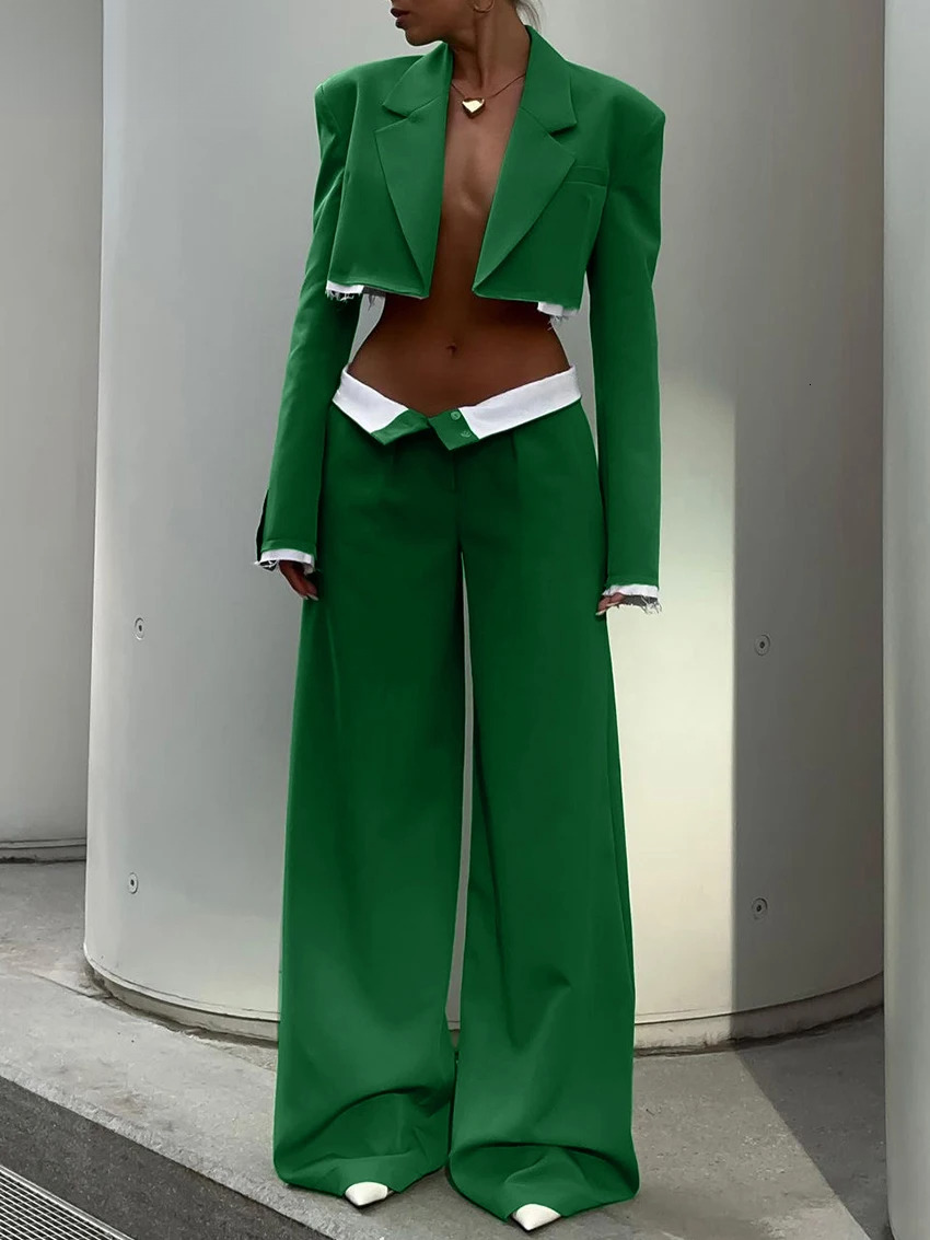Sexy Loose Green 2 Piece Sets Women Outfit Fashion Long Sleeve Crop Shirt With Low Waist Wide Leg Pants Set Streetwear