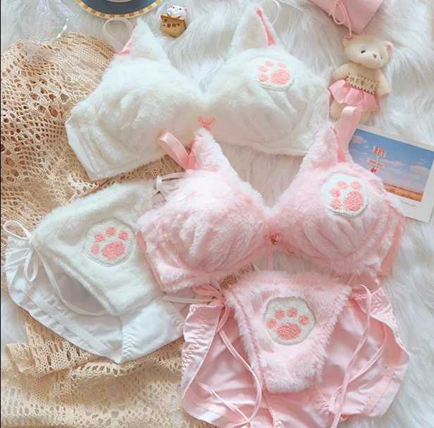 Sweet lolita Autumn and winter cat paw plush underwear for women comfortable and cute Japanese girl ears bra and panty setXJ250301