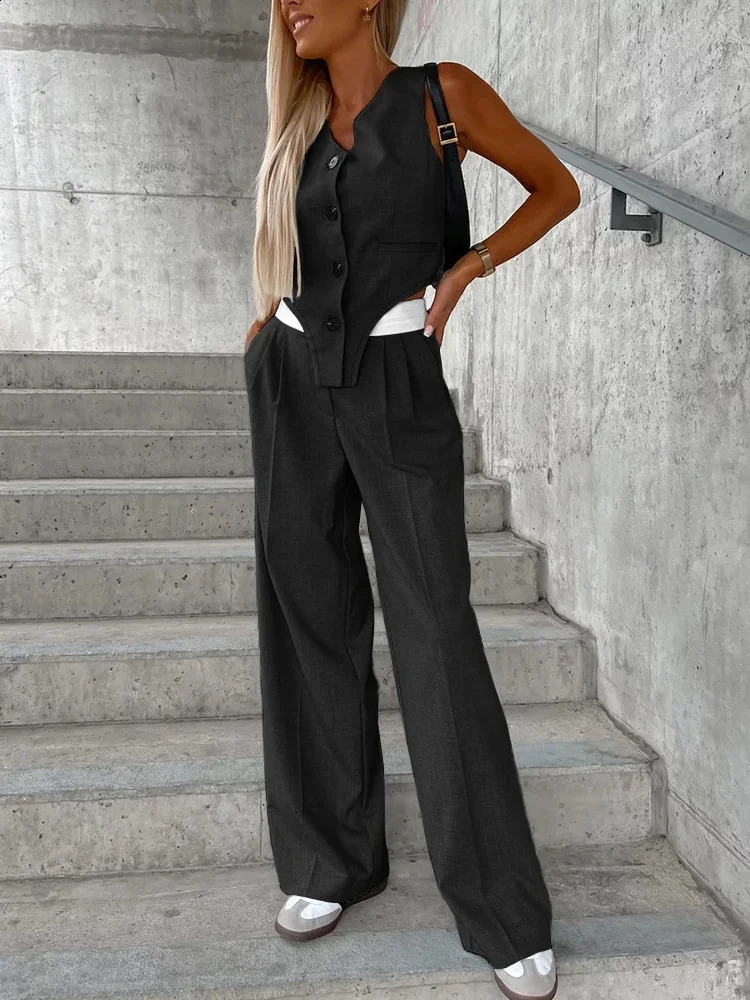 Autumn Casual Suit sets for women 2 pieces V-neck Sleeveless Colorblock Vest Top Ruched Pants Set Trousers Y2K Women 250225