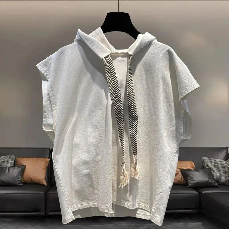 Summer Solid Men Drawstring Hooded Tank Top Fashion All-match Punk Casual 2xl Oversized Clothing Vest Tee Black White Street Gym 250225