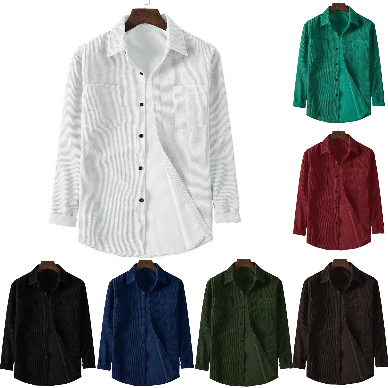 Spring and autumn mens corduroy long-sleeved double pocket shirt solid color casual mens tops button-down lapel jacket 250225