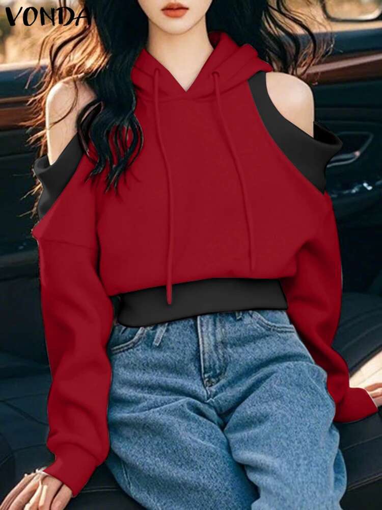 Casual Long Sleeve Pullovers Women Hooded Sweatshirts 2024 VONDA Korean Sweety Off-The-Shoulder Patchwork Jumpers Oversized