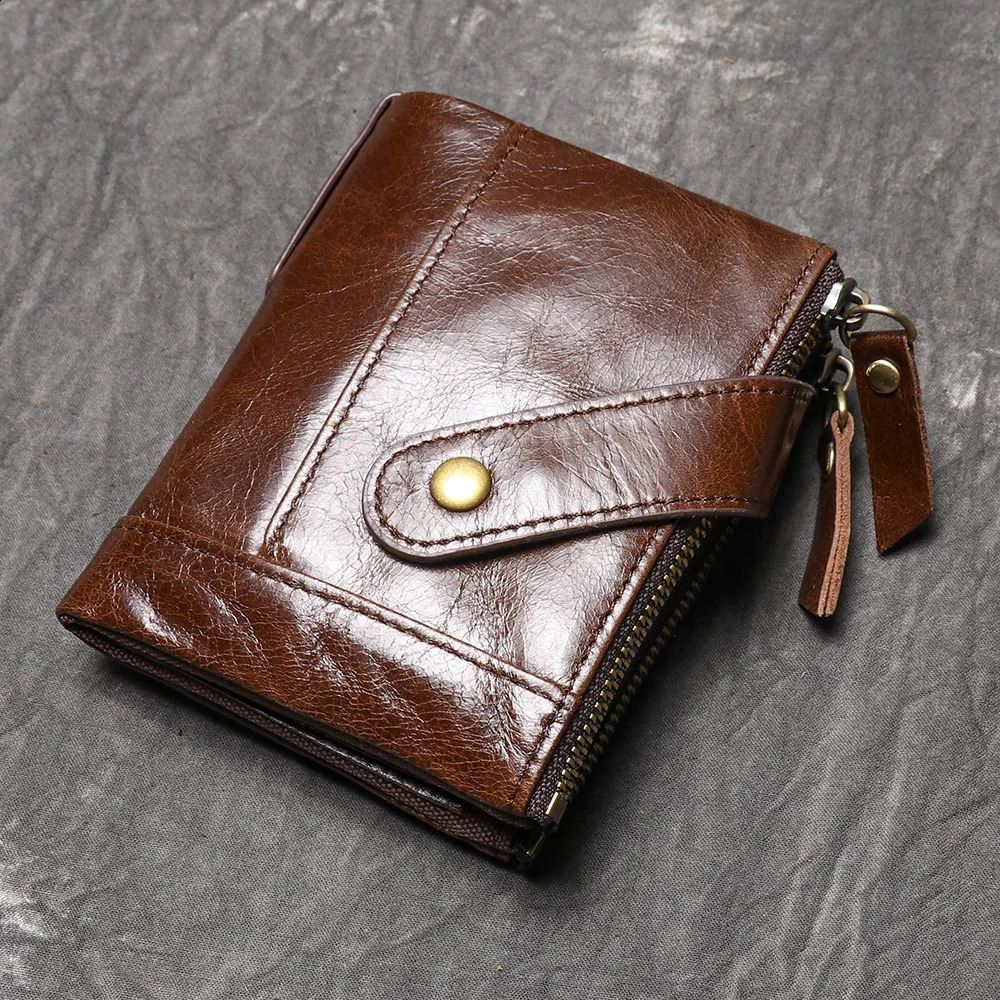 LUOKIR Genuine Leather Mens Wallet Top Layer Cow Pickup Bag Retro Oil Wax Leather Multifunctional Coin Purse 250228