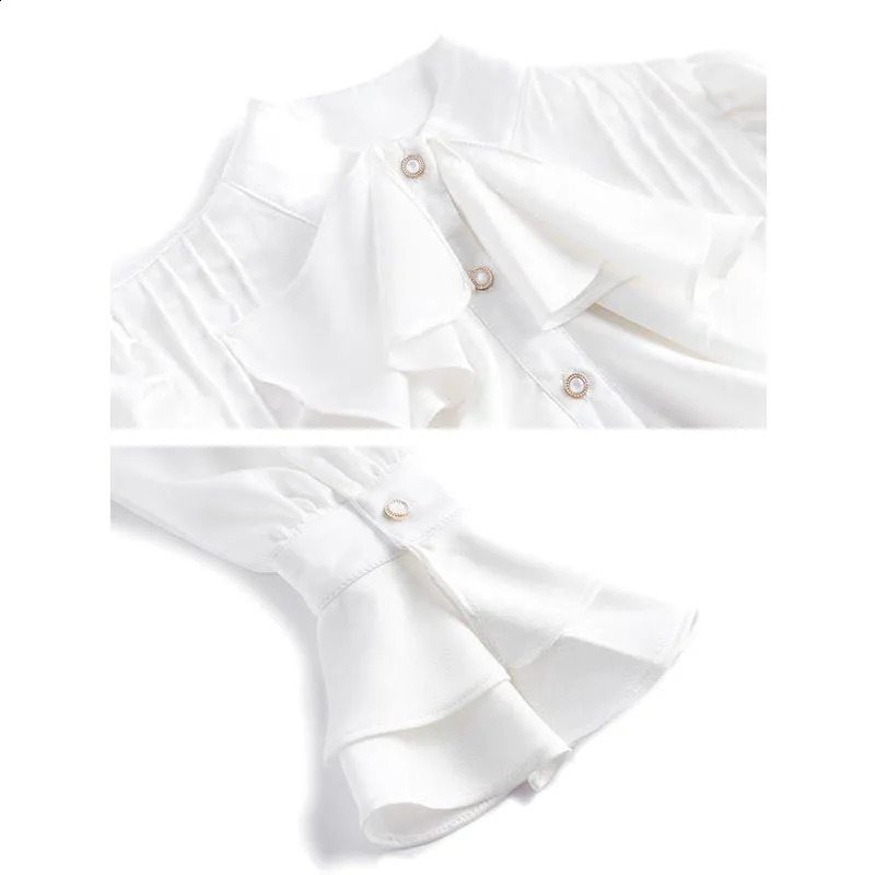 Solid Color Ruffles Long Sleeve Shirts Women Spring Vintage Elegant Patchwork Stand Collar Flare Sleeve Pleated Sweet Blouse 250225