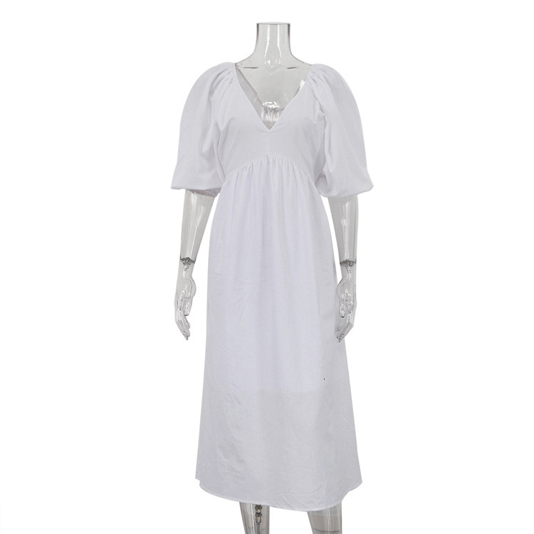 New4 Early Autumn Fashion New Cotton Solid Color Long Skirt V-Neck Five Quarter Sleeve Hollow Out Backless Casual Dress