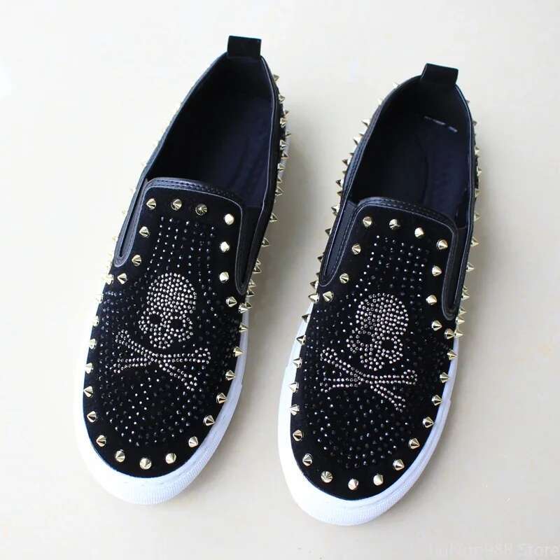 2025 New For Men Tide Leather Casual Spring Autumn Cool Skull Rivet Flat Shoes Leisure Slip-On Loafers