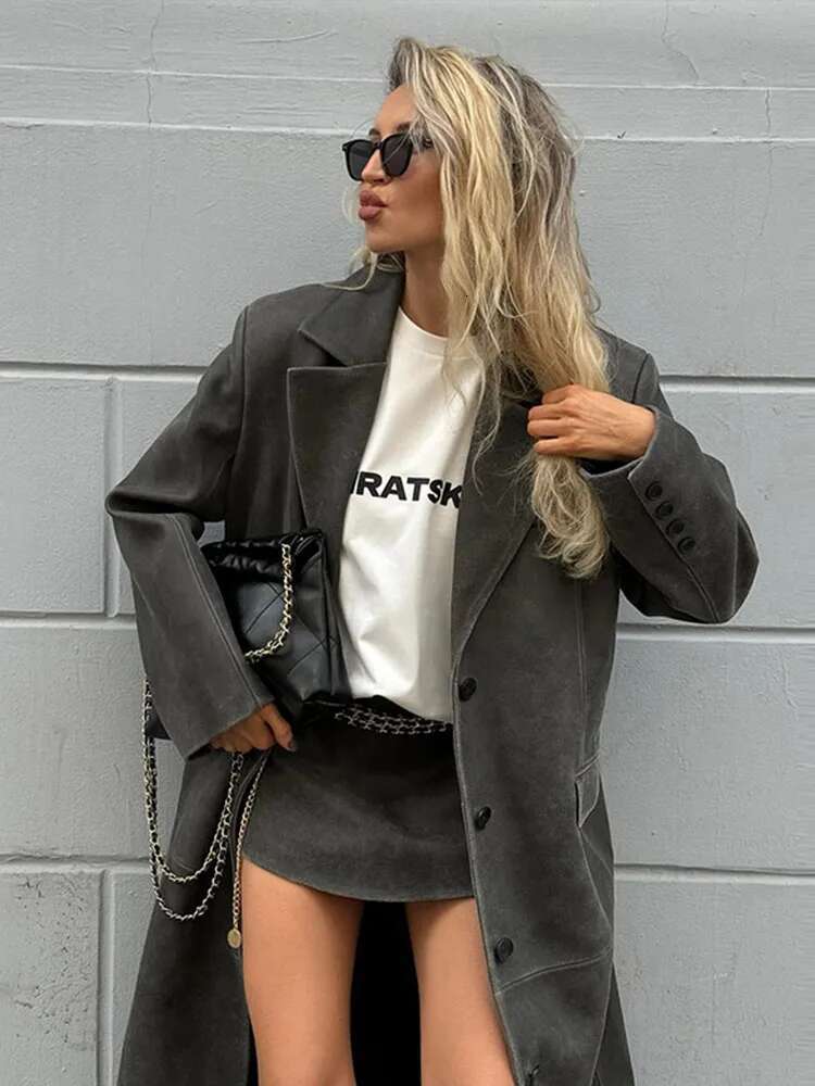 Grey Leather Women's Coat Vintage Turndown Collar Single Breasted Long Sleeve Coats Fashion Autumn Retro Jacket Outerwears