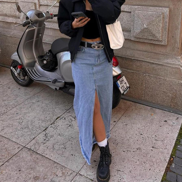 Women's New3 Autumn New Long Denim High Waist Slim Split Hip Wrap Skirt Halfskirt