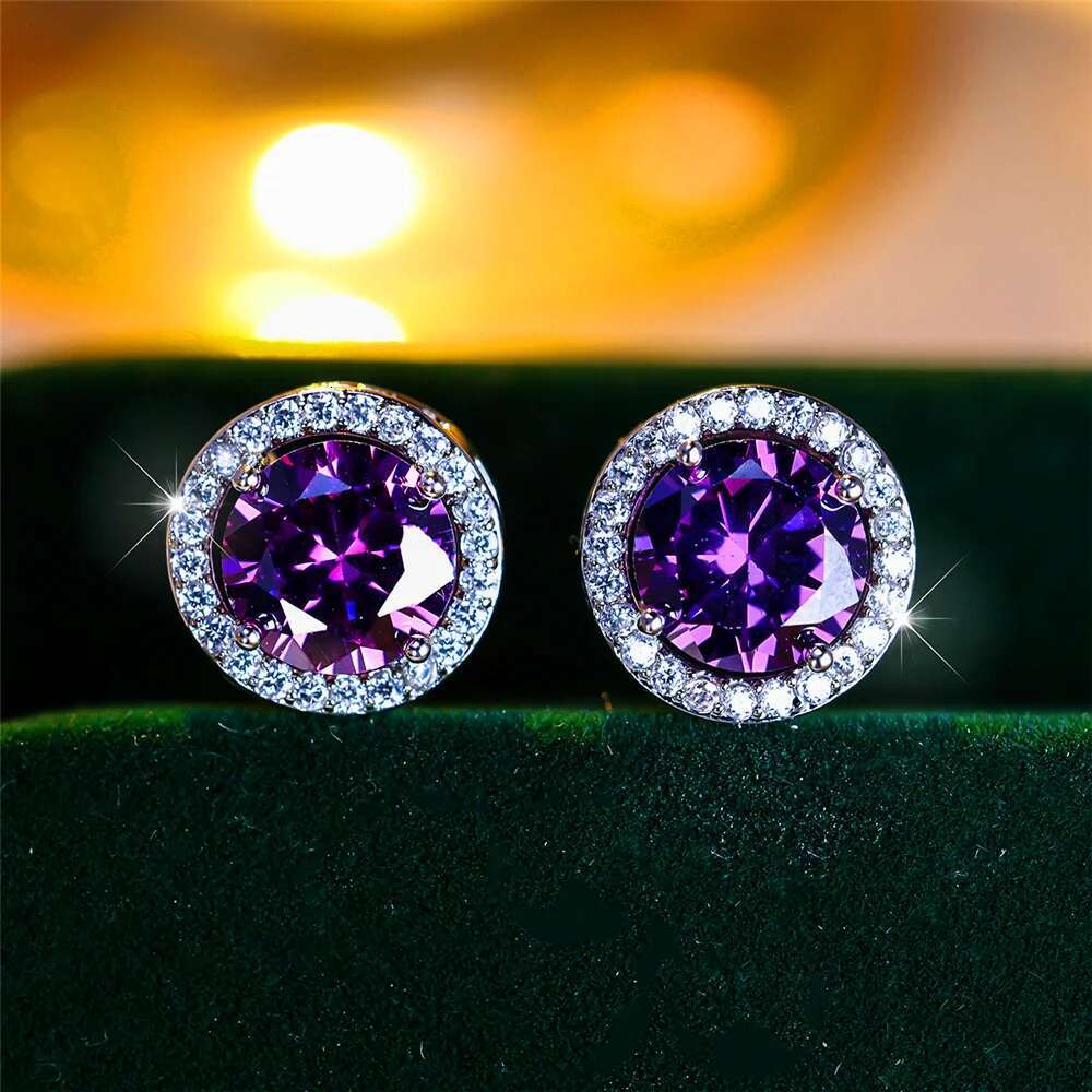 Male Female Crystal Purple Blue Green Round Stud Earrings Sier Color Wedding Jewelry For Women Men