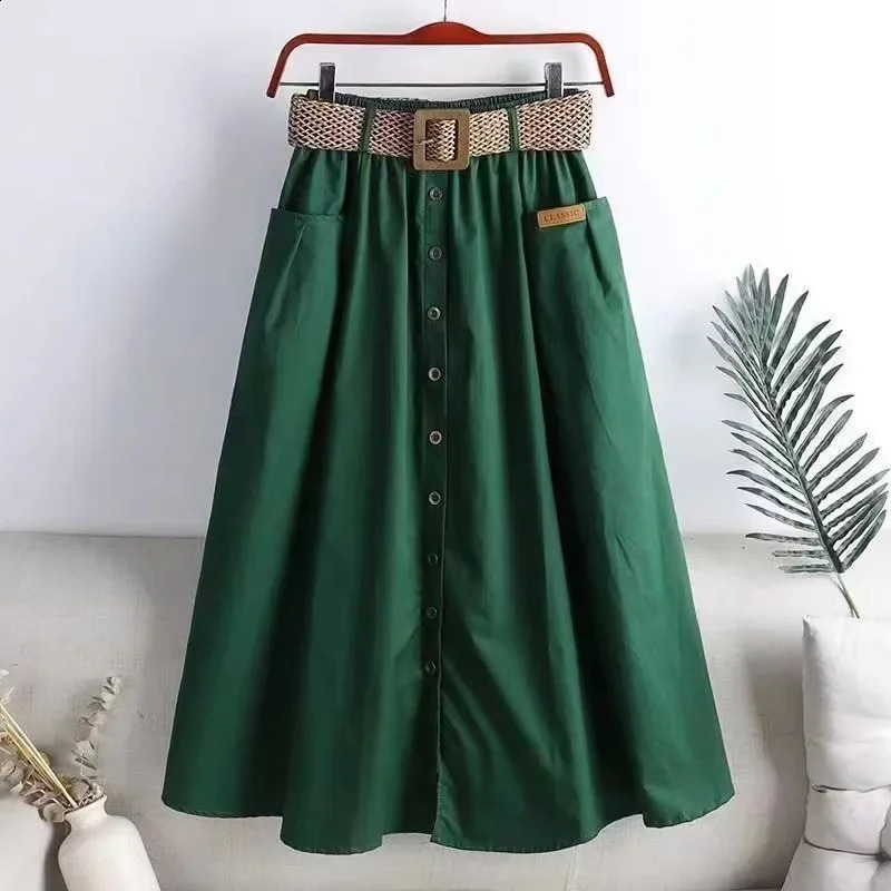 Plus Size Elastic Waist Slimming Medium-Length Umbrella Skirt With Large Pocket Korean Style Side Slit For Plus Size Women 250224