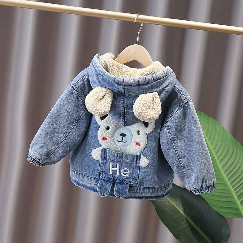 Ddmyshoesvip Korean Autumn Winter Girl Denim Jacket Cartoon Bear Hooded Plus Veet Boy Outerwear Coat Year Kids Parka Outfit