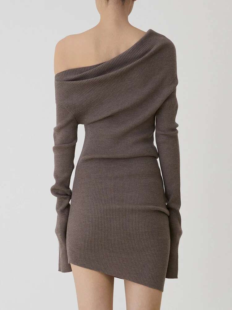 solid Slimming Pullover Dresses For Women Diagonal Collar Long Sleeves High Waist Minimalist Knitting Dress Female
