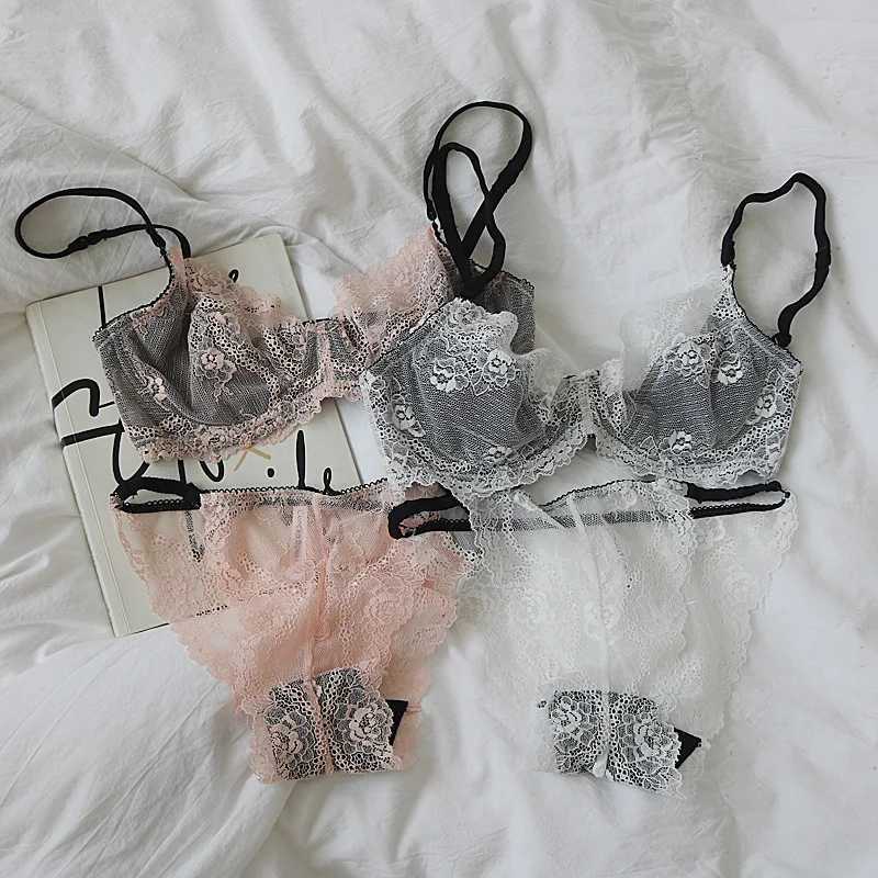 Womens lace ultra-thin bra panties set soft texture big breasts small rims lingerie women large size cotton-free underwearXJ250301