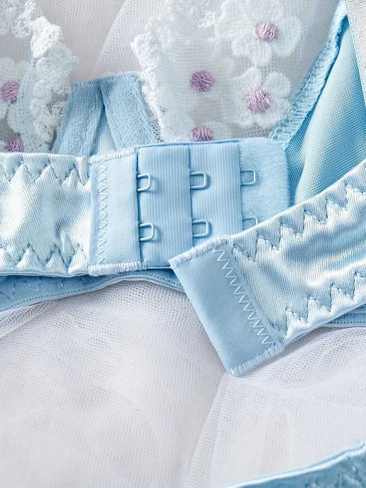 Sexy Blue Lingerie Set Fancy Seamless Underwear Luxury Satin Exotic Sets Delicate Embroidery Matching Outfits Push Up Bra SetXJ250301