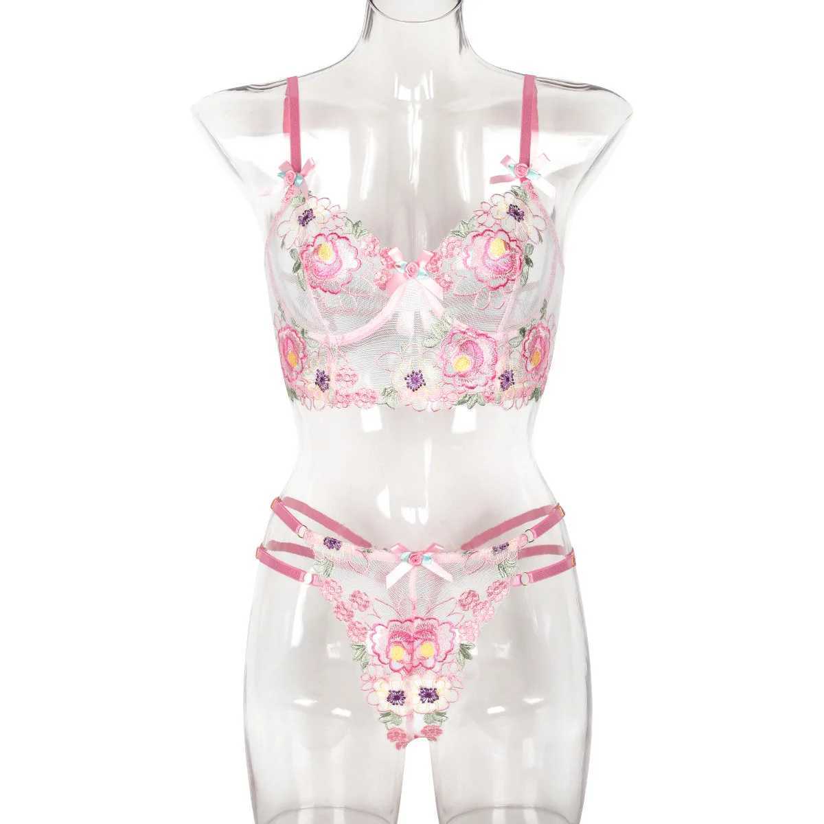 Ladies two-piece embroidery jargon set pink cute pure desire style bow high-quality can be seen through the jargon setXJ250301