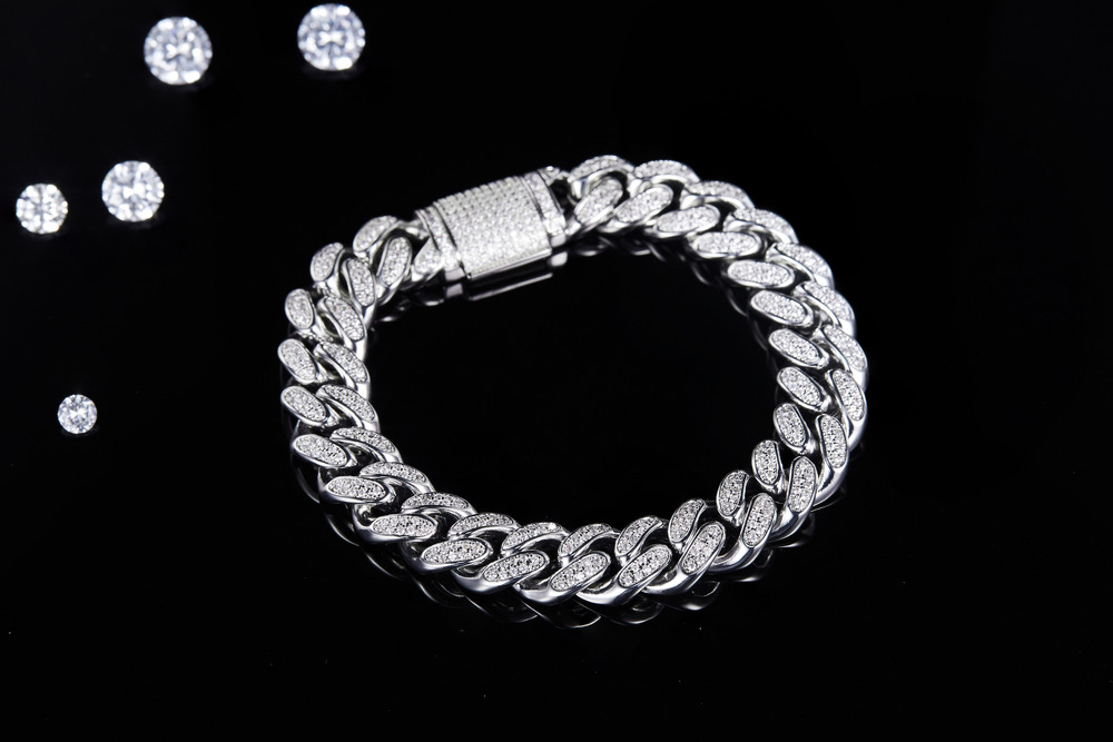 Ready to ship 12mm Moissanite sier Cuban bracelet men's platinum plated ice chain hip-hop gift