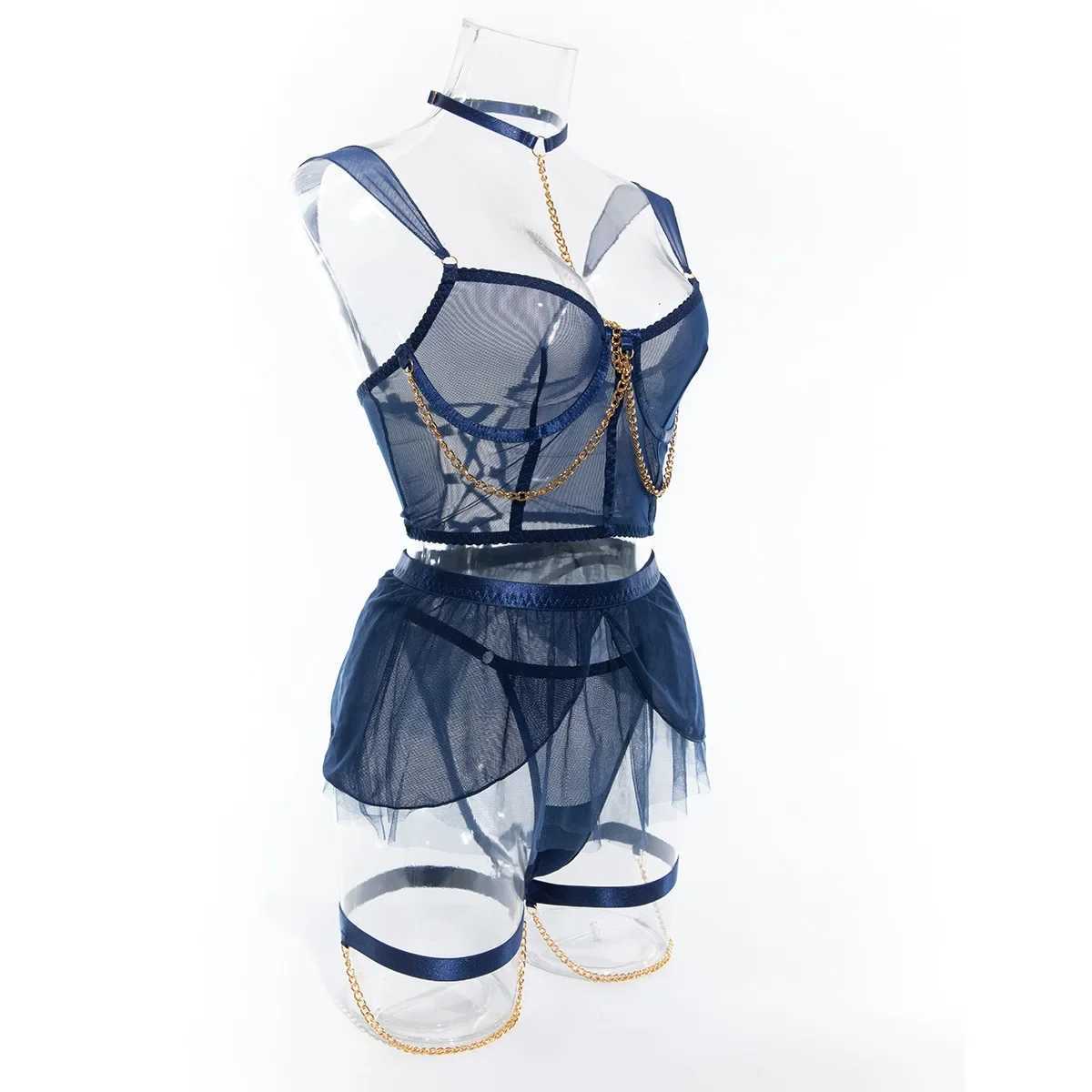 Sexy Pure Desire Mesh Underwear Perspective Skirt Chain Hanging Neck with Gloves Transparent Four Pieces Female See Through BraXJ250301