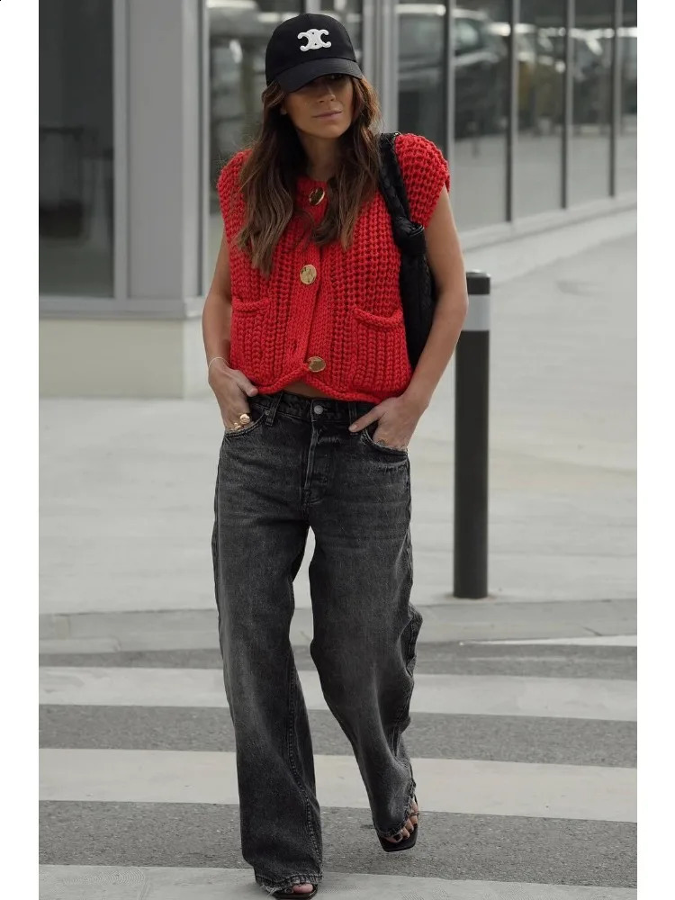 TRAF Spring Womens Knitted Vest Elegant Fashion Women Knit Vest Casual Red Sleeveless O-neck Metal Button Sweater 250226bj