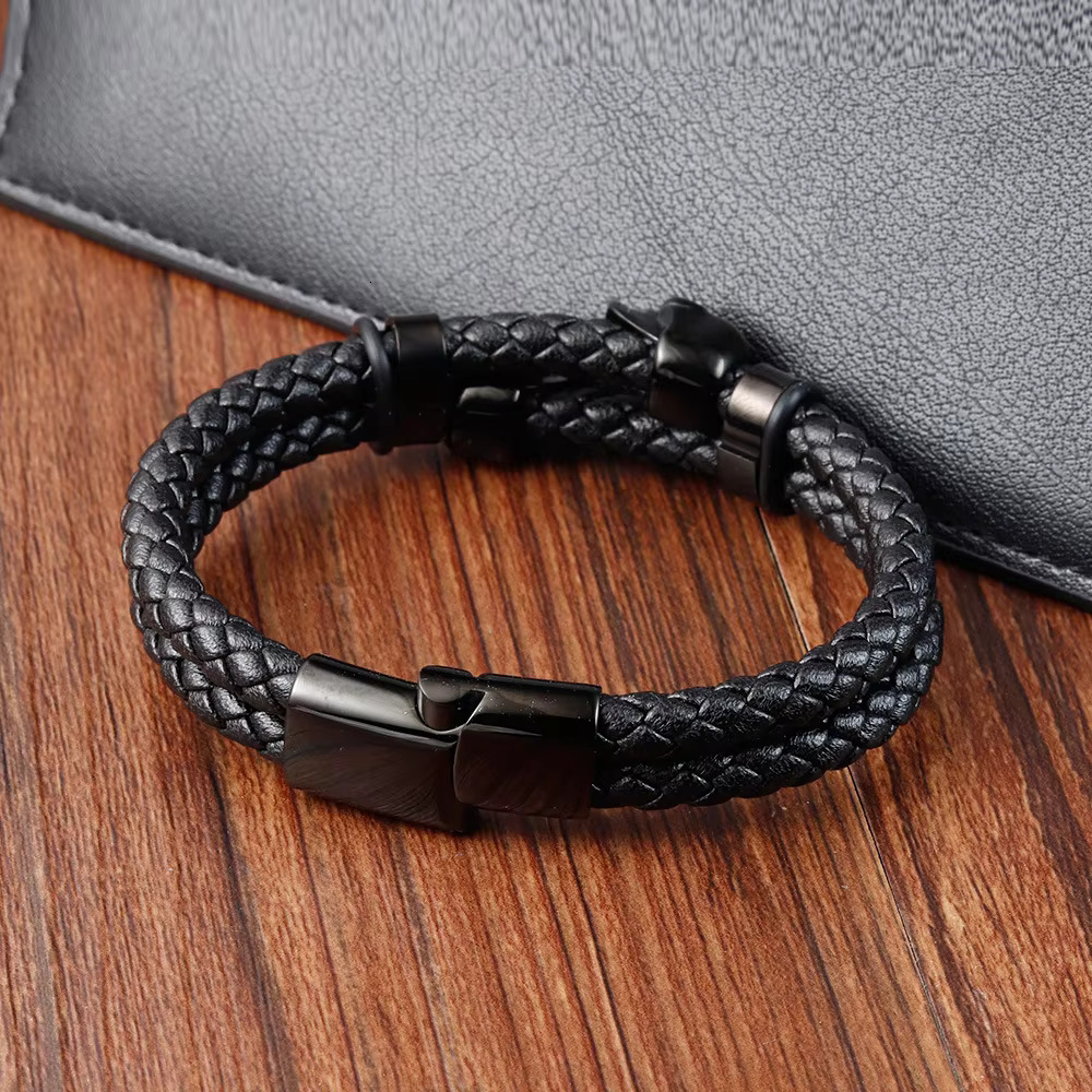 Trendy New Style Bangle Stainless Steel Magnetic Clasp Skull Head Black Braided Genuine Leather Charms Male Mens Bracelet