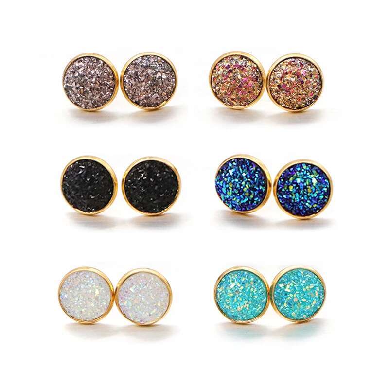 6pair/lot Glitter Round Stud Gold Color Stainless Steel Jewelry for Women Colorful Resin Druzy Drusy Ear Studs Earrings