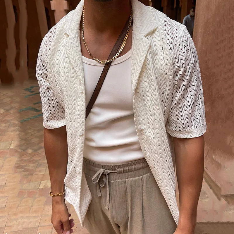 Spring/Summer Fashion Hollow Cardigan Mens Solid Color Short Sleeve Button Collar Top Mens Casual Shirt 250224