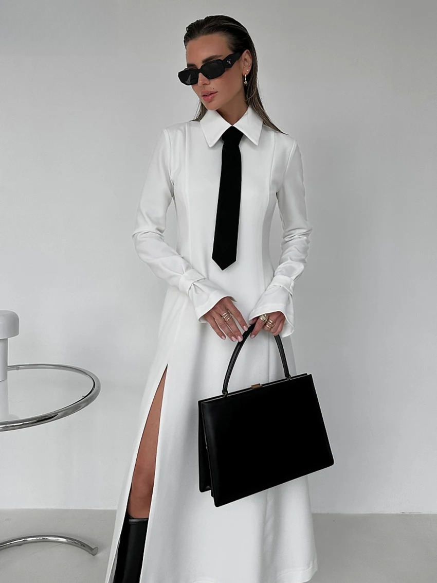 Clacive Fashion Slim White Office Casual Lapel Long Sleeve Ankle Length Dress Elegant Classic Slit Dresses For Women 2024