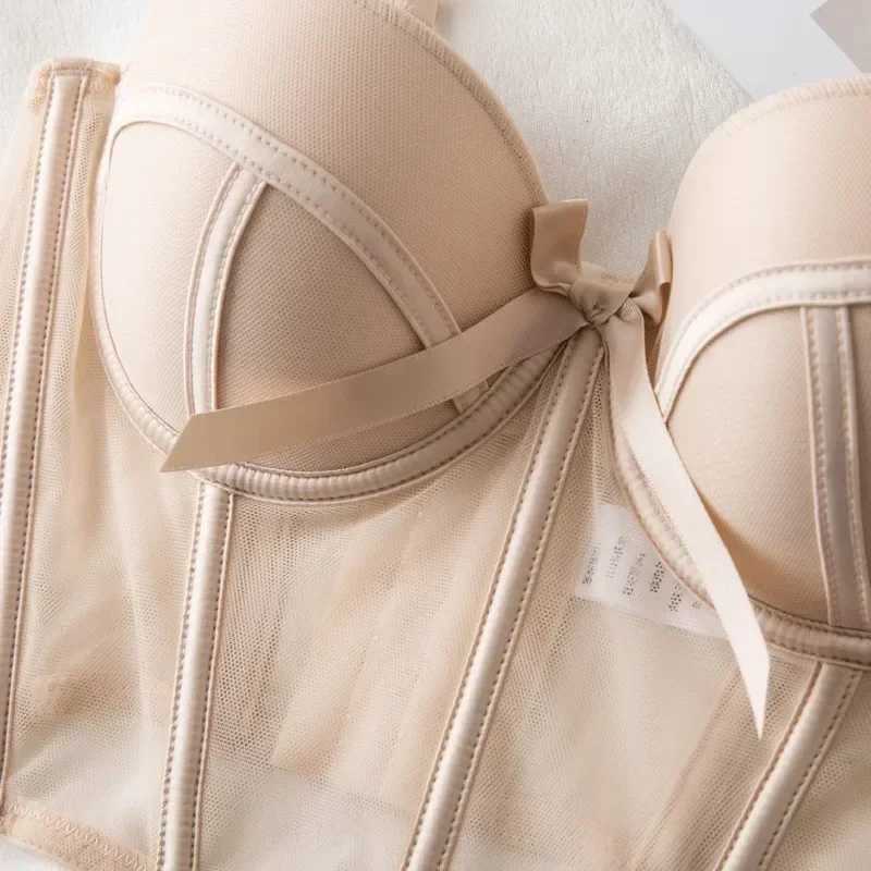Lace Bra Sexy Mesh Underwear Women Hollow Out Shape Half Cup Soft Bralette Anti-sag Push Up Bow Thicken Women Underwear SetXJ250301