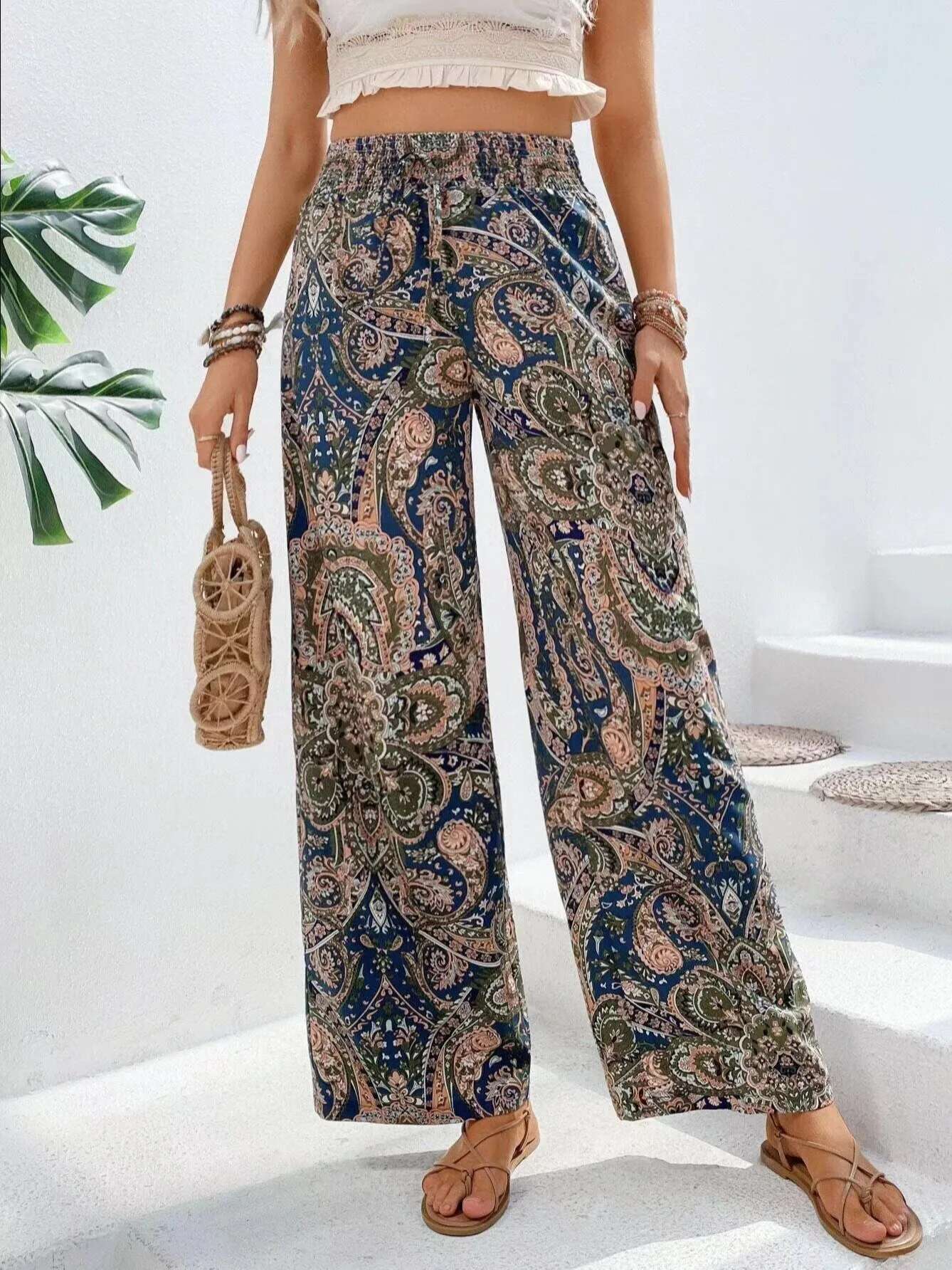 Fashion Vintage Print Wide-leg Pants Women Casual High-waisted Trouser 2024 Spring Summer Office Lady Clothes Streetwear