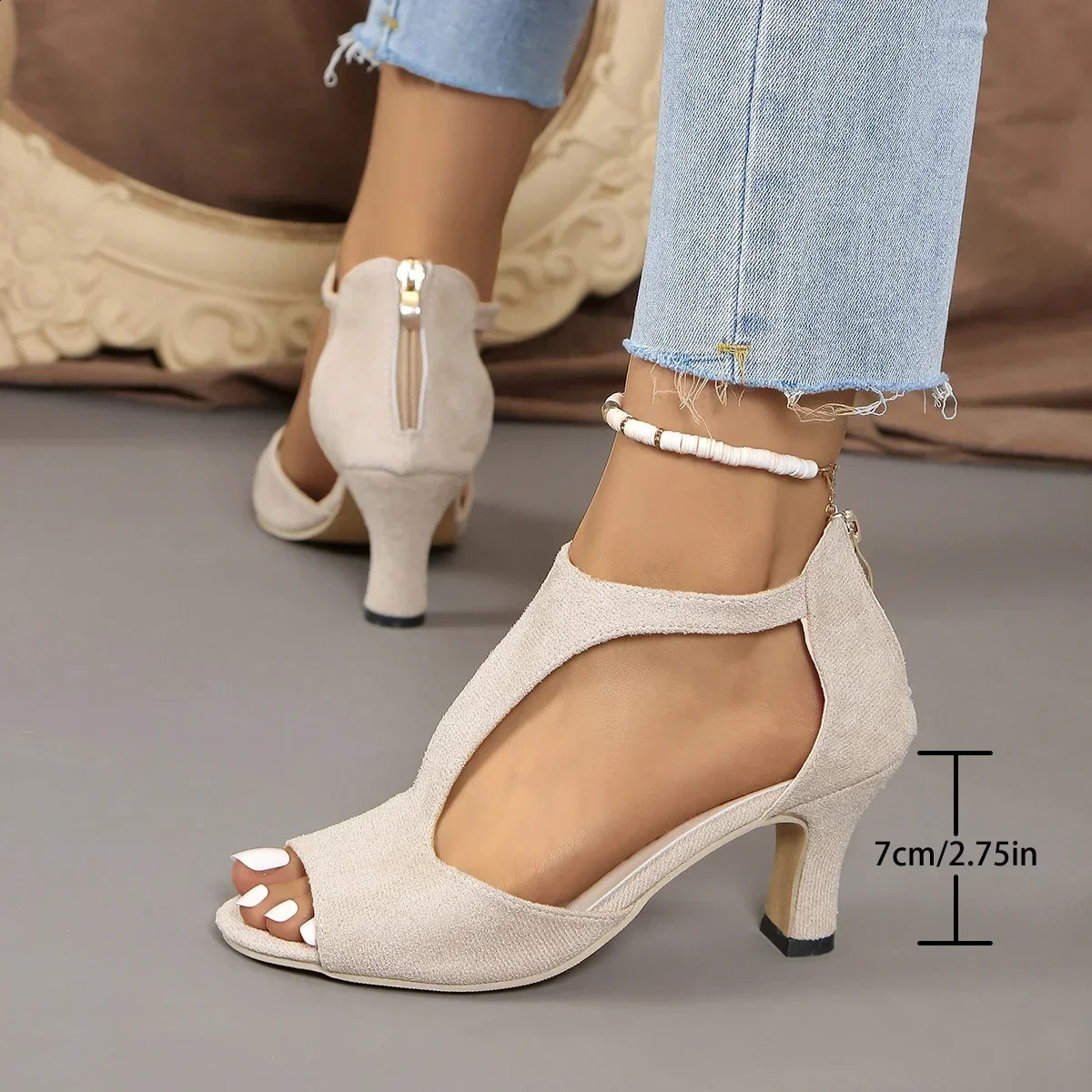 SIZE 45 Heeled Sandals Women Simple Back Zipper Fishmouth High Heels Women Shoes Summer Fashion Stiletto Women Sandals 250228