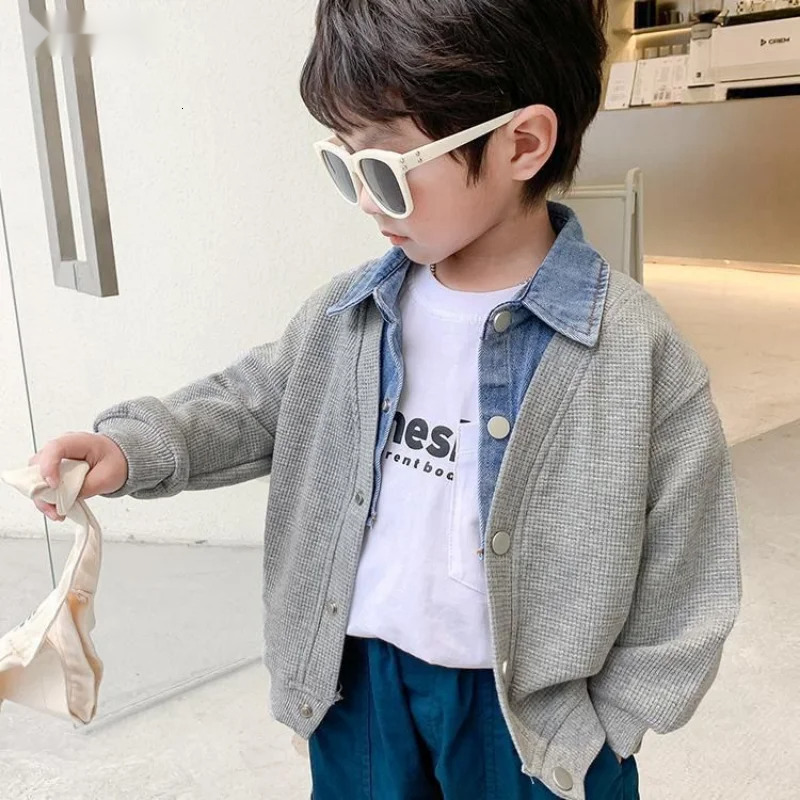 Ddmyshoesvip Children S Clothing For Boy Coat Spring Autumn Jacket Denim Collar Patchwork Top Fake Two Shirts Kids Outerwear