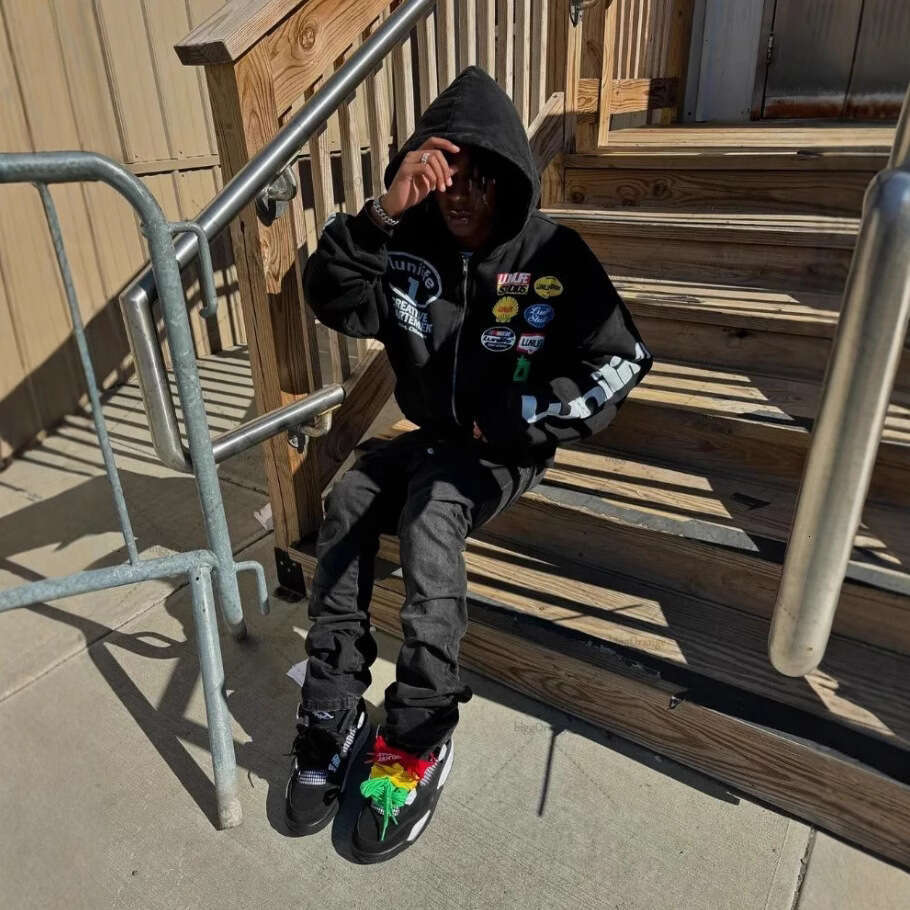 Fashion High Street unisex hooded cardigan sweatshirt, trendy printed letter top gift for man