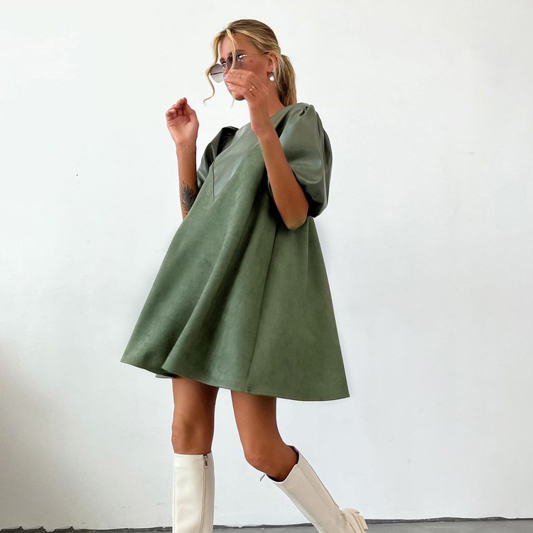 Feng New3 Spring Women's PU Leather Panel Design Feel Loose Solid Color Casual Short Sleeve Dress