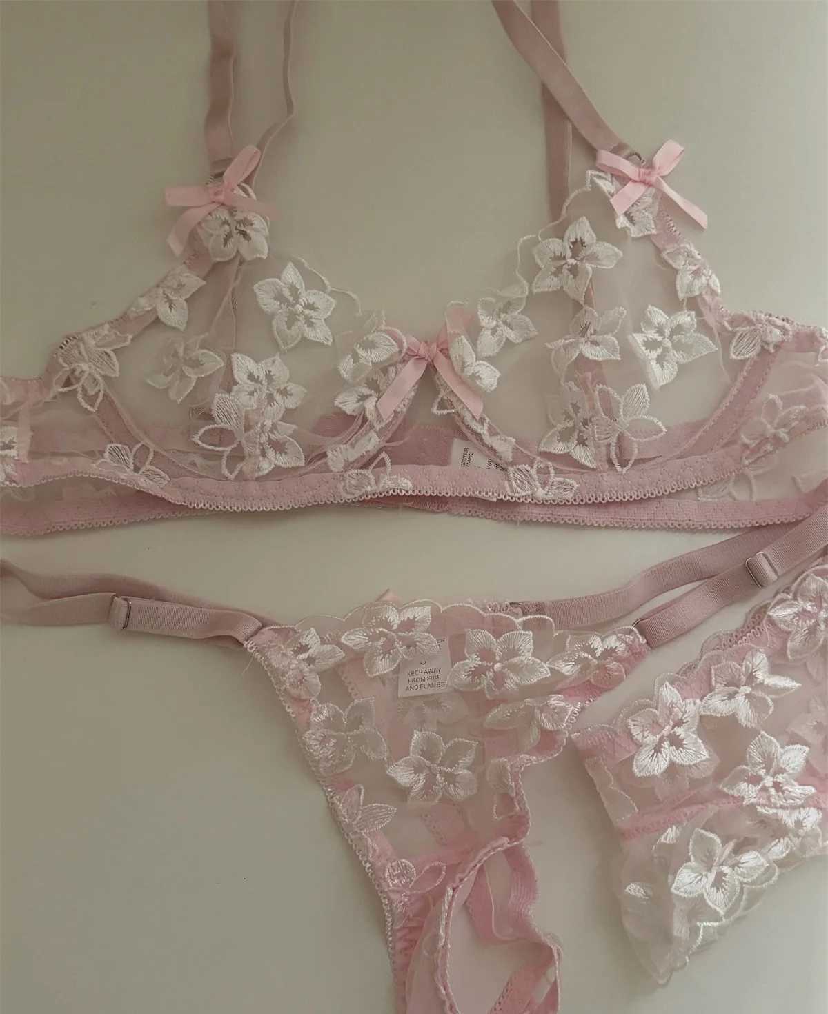 Flower Lingerie Briefs Set Embroidery Temperament Women Underwear Lace Thin Bra Pink Ladies BraletteXJ250301