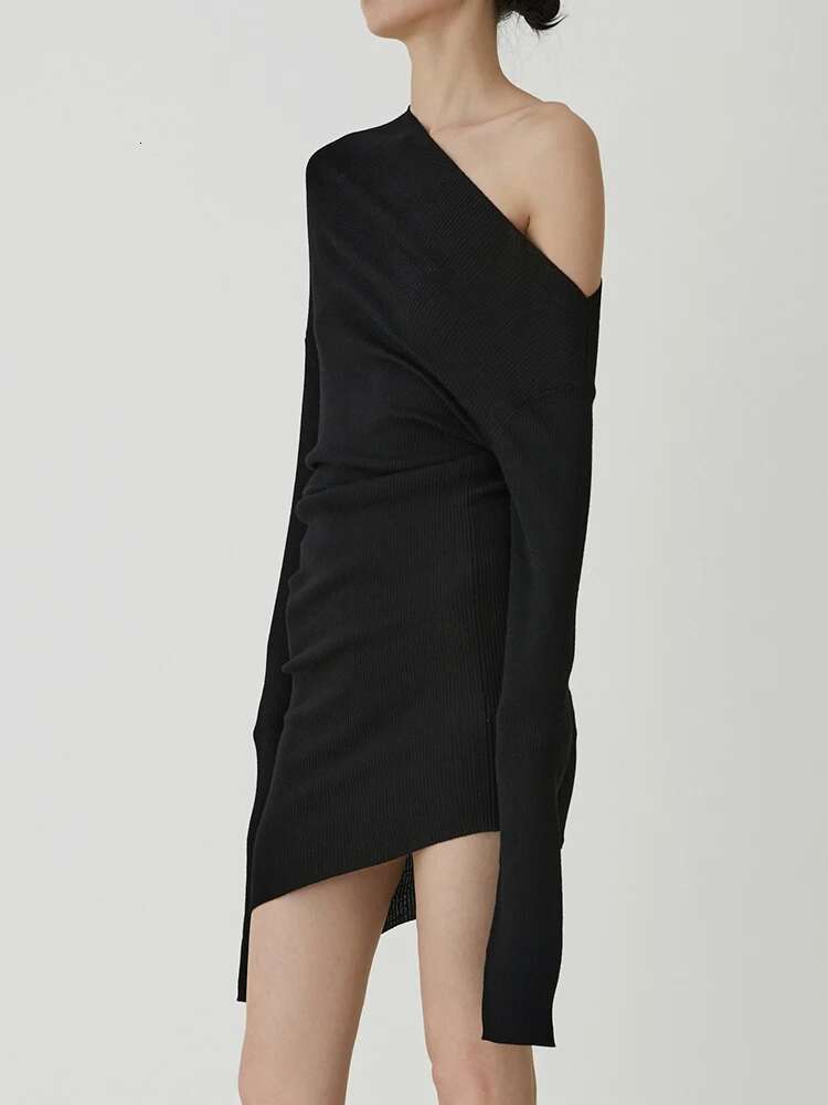 solid Slimming Pullover Dresses For Women Diagonal Collar Long Sleeves High Waist Minimalist Knitting Dress Female