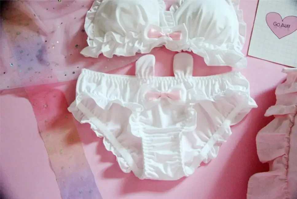 Japanese Lolita Kawaii Bow Ruffle White Underwear Set Sexy Female Cute Rabbit Ear Underwear Womens Bra and Underwear Set BraXJ250301